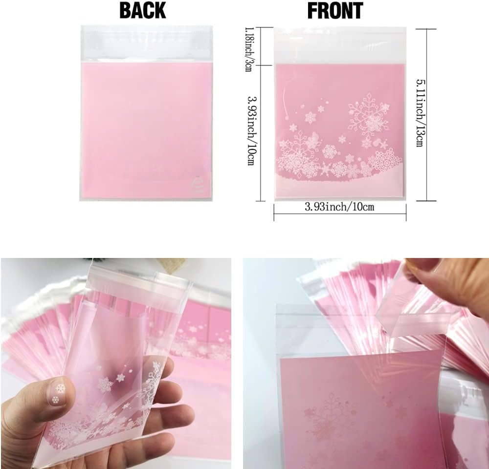100 PCS Snowflake Cellophane Bags - Clear Self Sealing Pink Plastic Bags for Candy, Cookies & Goodies