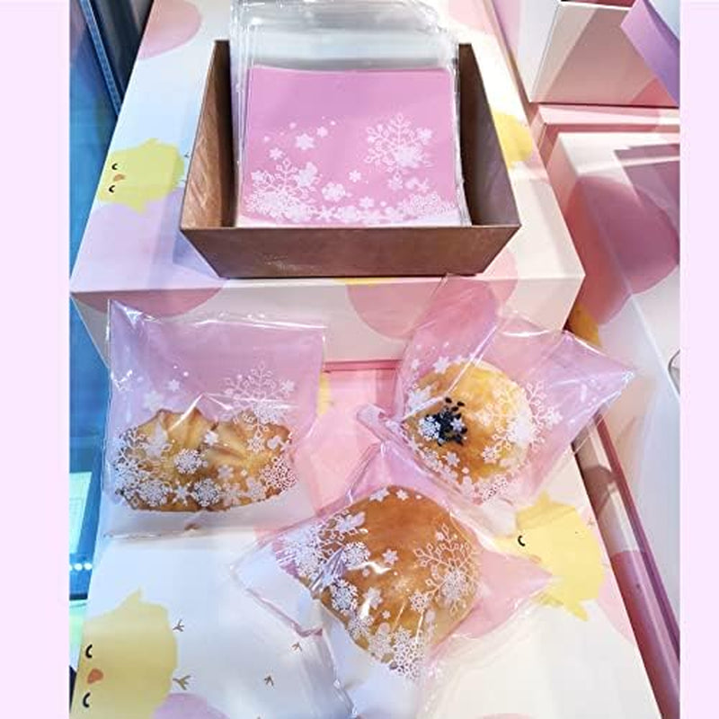 100 PCS Snowflake Cellophane Bags - Clear Self Sealing Pink Plastic Bags for Candy, Cookies & Goodies