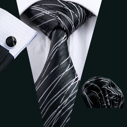 Black Geometric Tie Tie for Men Wedding Tie Party Necktie Handkerchief Cravat  Fashion Designer Tie Set LS-5225