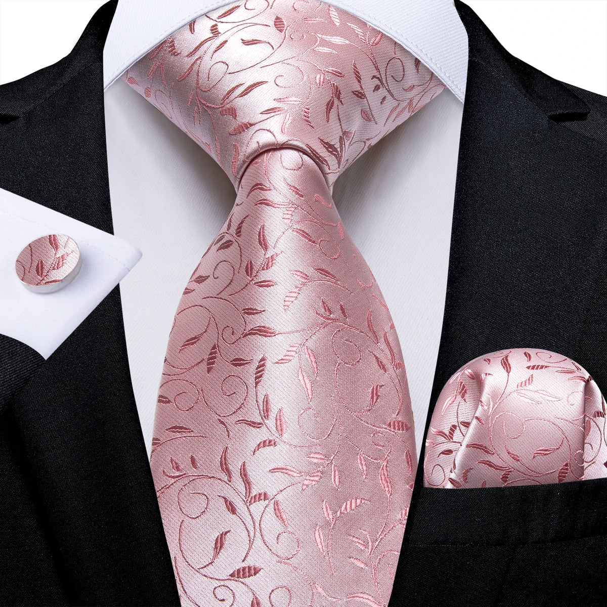 Dibangu Fashion Peach Pink Men Gifts Tie Clip Hanky Cufflinks Tie 150Cm Long Tie for Men Wedding Party Business Tie Set MJ-7195