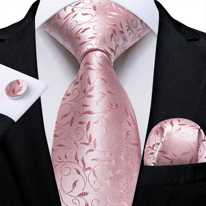 Dibangu Fashion Peach Pink Men Gifts Tie Clip Hanky Cufflinks Tie 150Cm Long Tie for Men Wedding Party Business Tie Set MJ-7195