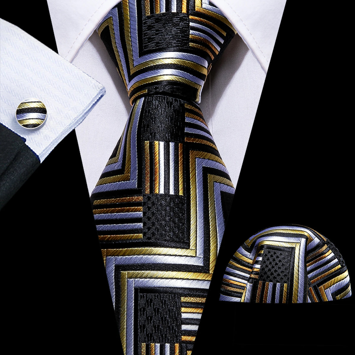 Black Geometric Tie Tie for Men Wedding Tie Party Necktie Handkerchief Cravat  Fashion Designer Tie Set LS-5225