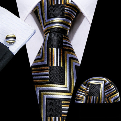 Black Geometric Tie Tie for Men Wedding Tie Party Necktie Handkerchief Cravat  Fashion Designer Tie Set LS-5225