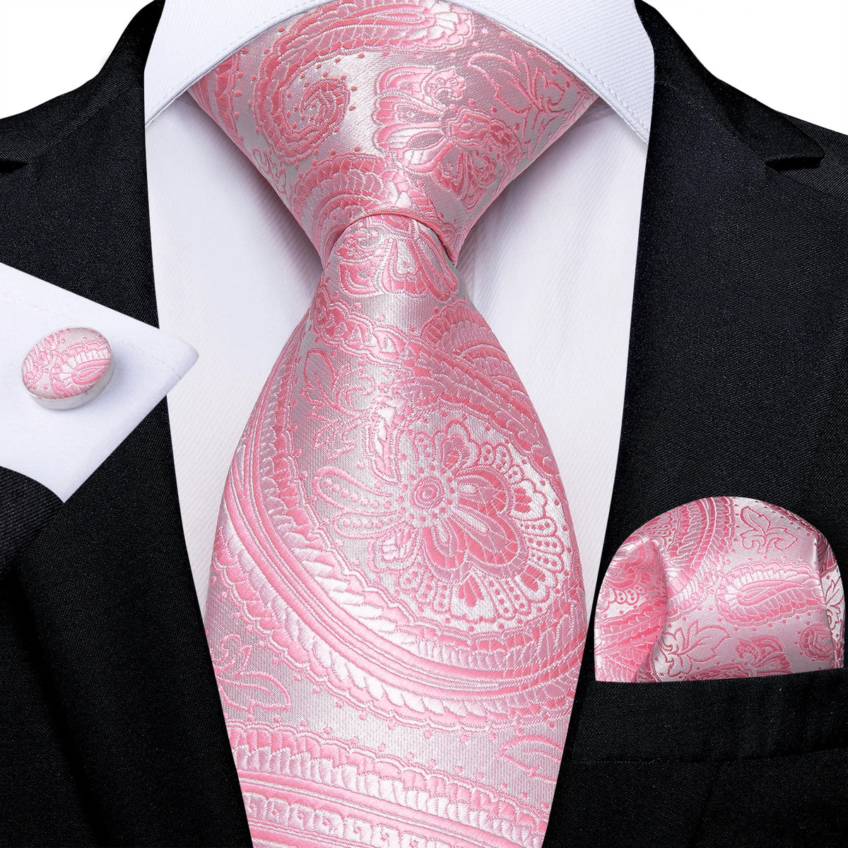 Dibangu Fashion Peach Pink Men Gifts Tie Clip Hanky Cufflinks Tie 150Cm Long Tie for Men Wedding Party Business Tie Set MJ-7195