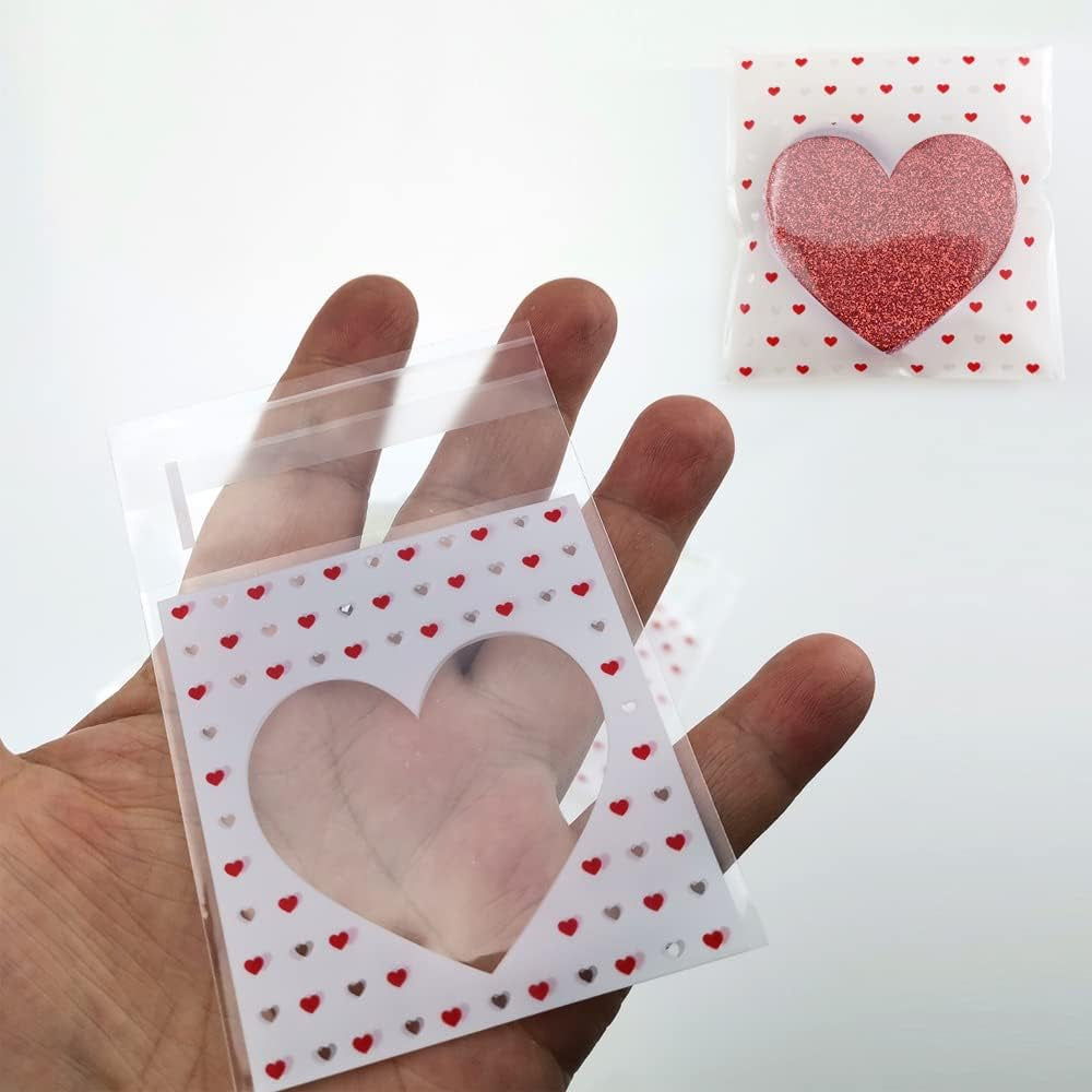 200 PCS Valentine Heart Mini Cookie Bags - Self Sealing Cellophane Bags for Candy & Bakery Supplies