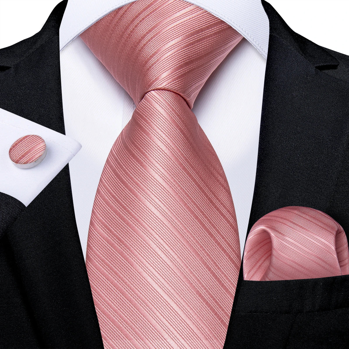 Dibangu Fashion Peach Pink Men Gifts Tie Clip Hanky Cufflinks Tie 150Cm Long Tie for Men Wedding Party Business Tie Set MJ-7195