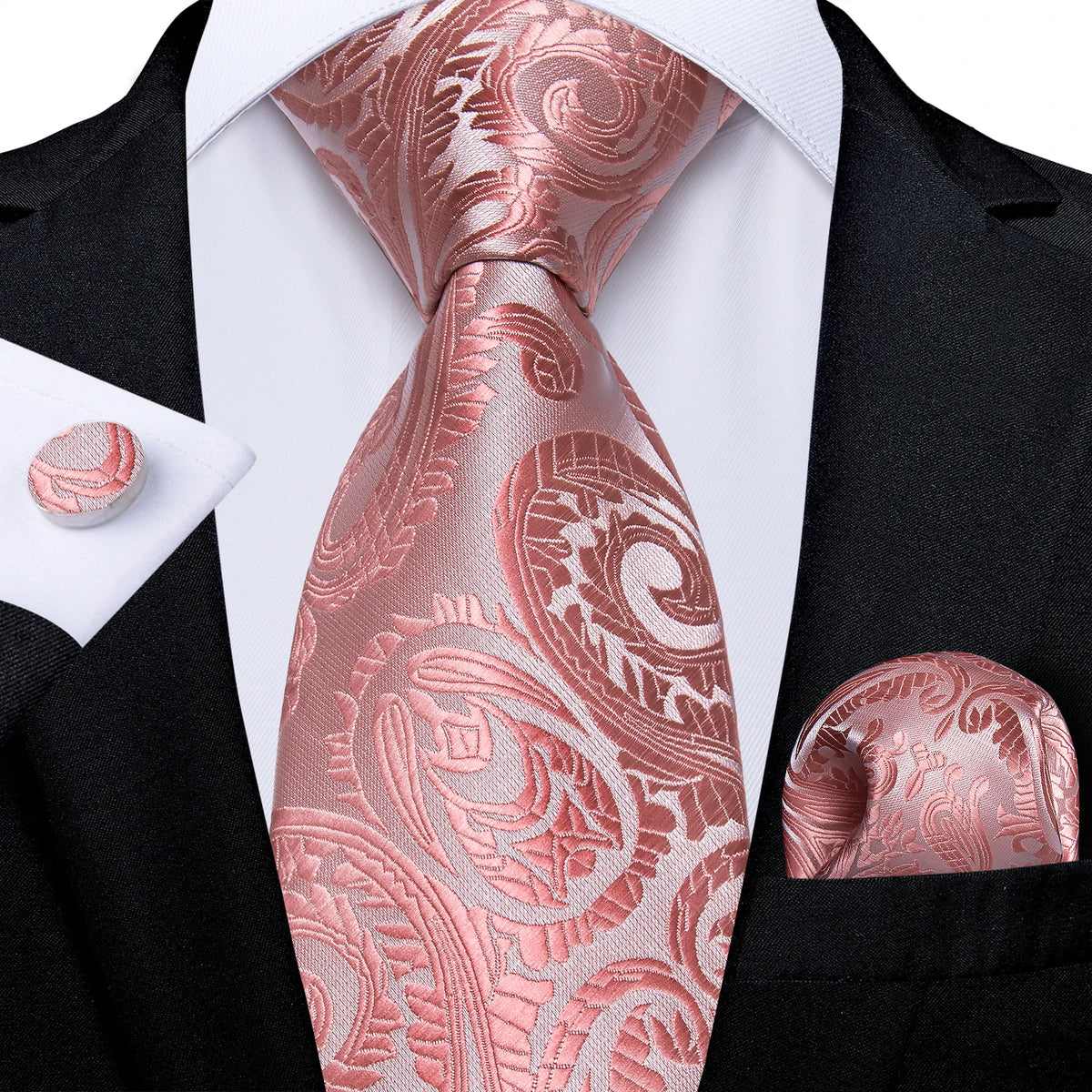 Dibangu Fashion Peach Pink Men Gifts Tie Clip Hanky Cufflinks Tie 150Cm Long Tie for Men Wedding Party Business Tie Set MJ-7195