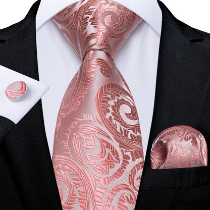Dibangu Fashion Peach Pink Men Gifts Tie Clip Hanky Cufflinks Tie 150Cm Long Tie for Men Wedding Party Business Tie Set MJ-7195