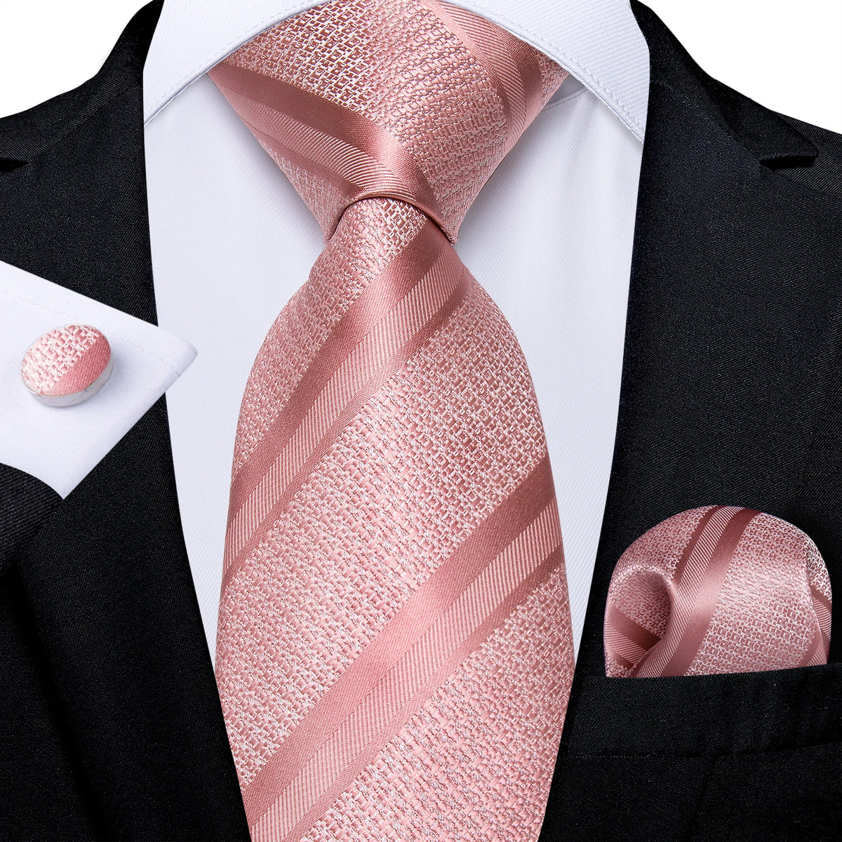 Dibangu Fashion Peach Pink Men Gifts Tie Clip Hanky Cufflinks Tie 150Cm Long Tie for Men Wedding Party Business Tie Set MJ-7195