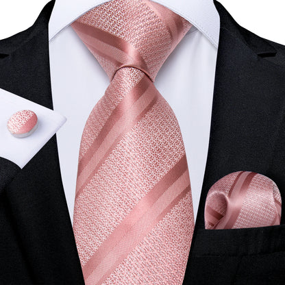 Dibangu Fashion Peach Pink Men Gifts Tie Clip Hanky Cufflinks Tie 150Cm Long Tie for Men Wedding Party Business Tie Set MJ-7195
