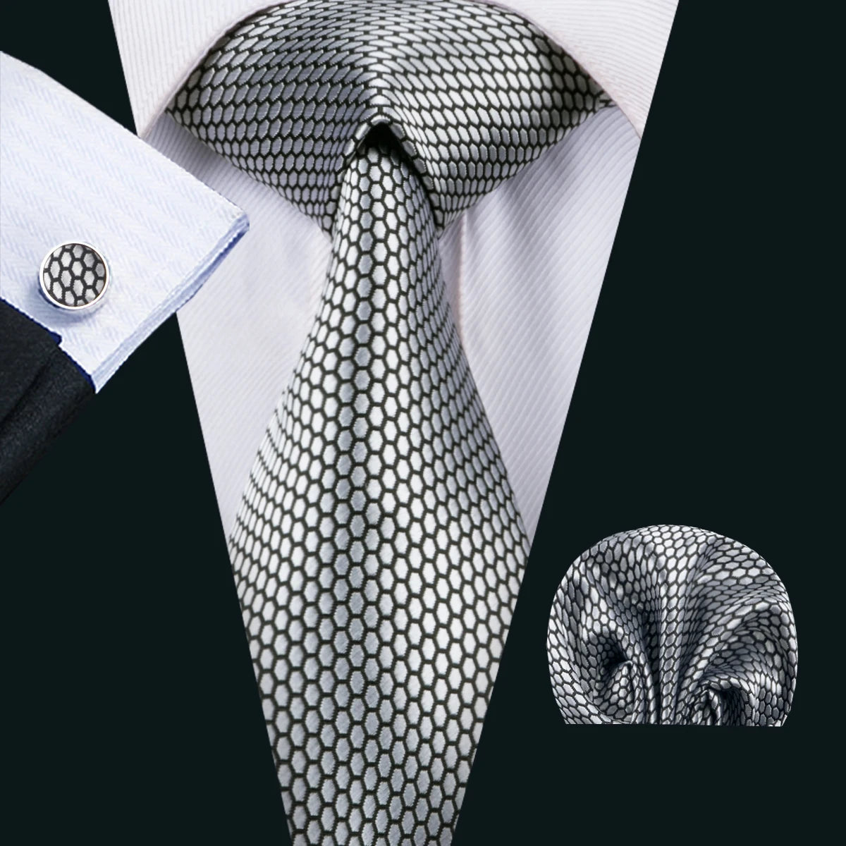 Black Geometric Tie Tie for Men Wedding Tie Party Necktie Handkerchief Cravat  Fashion Designer Tie Set LS-5225
