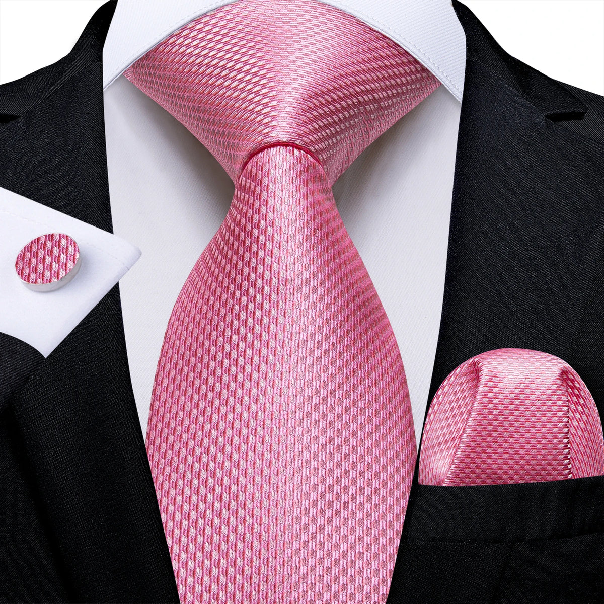 Dibangu Fashion Peach Pink Men Gifts Tie Clip Hanky Cufflinks Tie 150Cm Long Tie for Men Wedding Party Business Tie Set MJ-7195