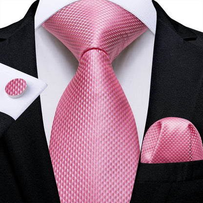 Dibangu Fashion Peach Pink Men Gifts Tie Clip Hanky Cufflinks Tie 150Cm Long Tie for Men Wedding Party Business Tie Set MJ-7195