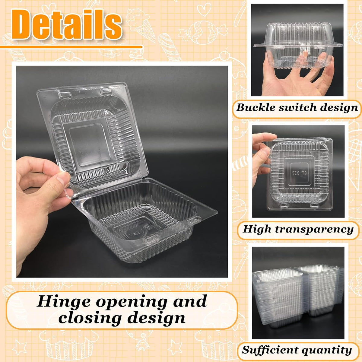 100 Pack Clear Plastic Square Hinged Food Clamshell Container,Disposable to Go Cake Slice Container,Clear Plastic Food Containers for Cookies,Desserts,Fruits,Salads,Sandwiches