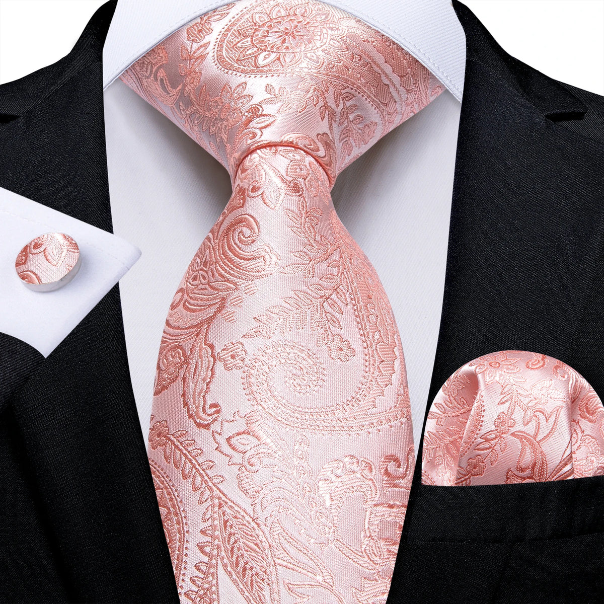 Dibangu Fashion Peach Pink Men Gifts Tie Clip Hanky Cufflinks Tie 150Cm Long Tie for Men Wedding Party Business Tie Set MJ-7195