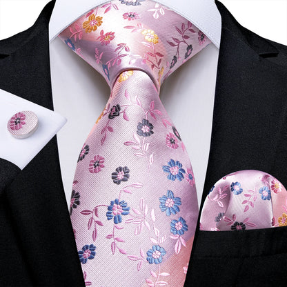 Dibangu Fashion Peach Pink Men Gifts Tie Clip Hanky Cufflinks Tie 150Cm Long Tie for Men Wedding Party Business Tie Set MJ-7195