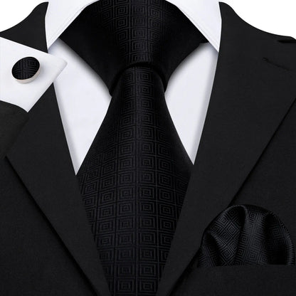 Black Geometric Tie Tie for Men Wedding Tie Party Necktie Handkerchief Cravat  Fashion Designer Tie Set LS-5225