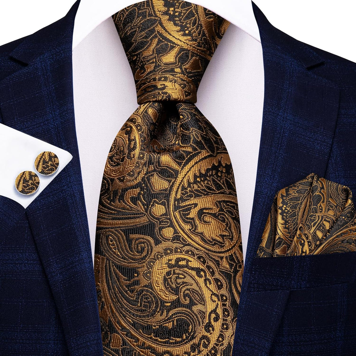 Men 63Inches Tie Set Extra Long Necktie Paisley Tie Pocket Suqare Cufflinks Big and Tall Men Tie