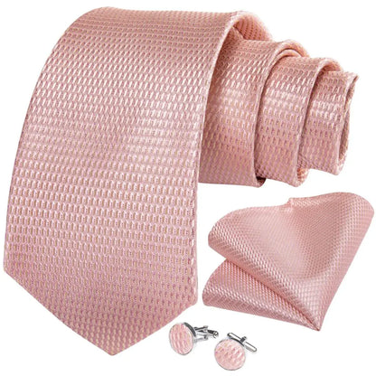 Dibangu Fashion Peach Pink Men Gifts Tie Clip Hanky Cufflinks Tie 150Cm Long Tie for Men Wedding Party Business Tie Set MJ-7195