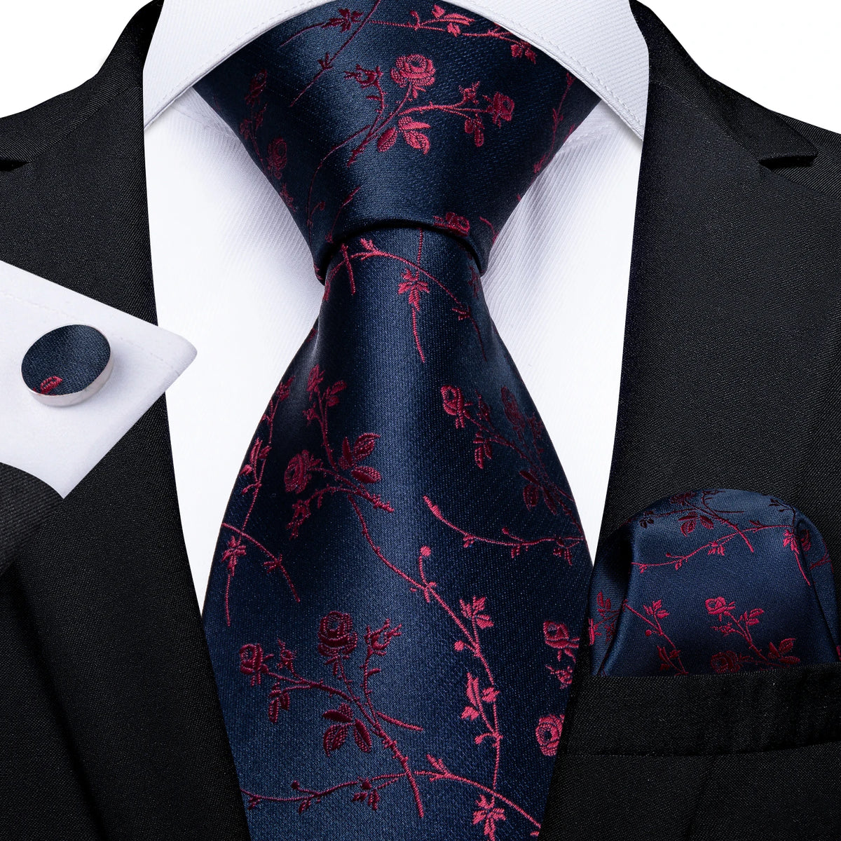 Top Navy Blue Solid Tie for Men 100% Silk Men'S Tie Hanky Cufflinks Neck Tie Suit Business Wedding Party Tie Set MJ-7140