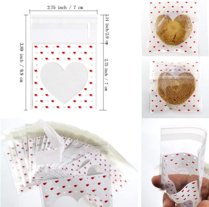200 PCS Valentine Heart Mini Cookie Bags - Self Sealing Cellophane Bags for Candy & Bakery Supplies
