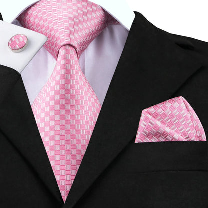 Dibangu Fashion Peach Pink Men Gifts Tie Clip Hanky Cufflinks Tie 150Cm Long Tie for Men Wedding Party Business Tie Set MJ-7195