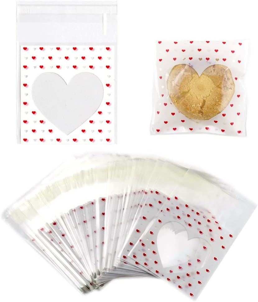 200 PCS Valentine Heart Mini Cookie Bags - Self Sealing Cellophane Bags for Candy & Bakery Supplies