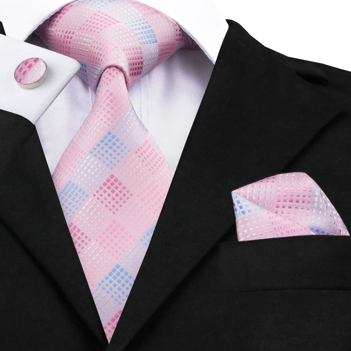 Dibangu Fashion Peach Pink Men Gifts Tie Clip Hanky Cufflinks Tie 150Cm Long Tie for Men Wedding Party Business Tie Set MJ-7195