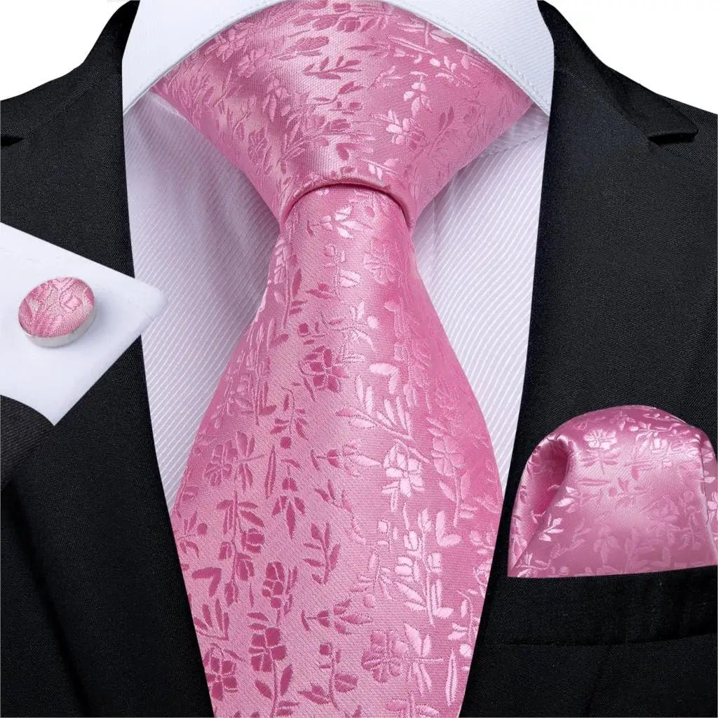 Dibangu Fashion Peach Pink Men Gifts Tie Clip Hanky Cufflinks Tie 150Cm Long Tie for Men Wedding Party Business Tie Set MJ-7195