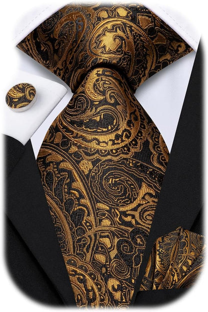 Men 63Inches Tie Set Extra Long Necktie Paisley Tie Pocket Suqare Cufflinks Big and Tall Men Tie