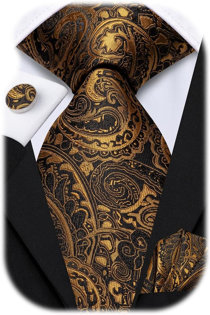 Men 63Inches Tie Set Extra Long Necktie Paisley Tie Pocket Suqare Cufflinks Big and Tall Men Tie