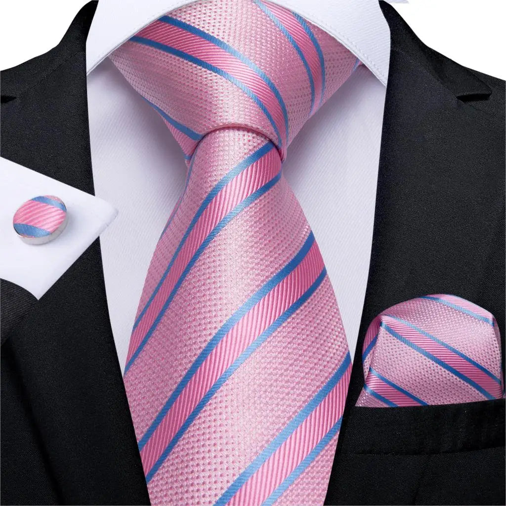 Dibangu Fashion Peach Pink Men Gifts Tie Clip Hanky Cufflinks Tie 150Cm Long Tie for Men Wedding Party Business Tie Set MJ-7195