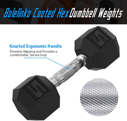 Hex Dumbbells Free Weights Set with Metal Handles Rubber Encased Solid Cast Iron Hex Dumbbell in Pair, 5 LBS