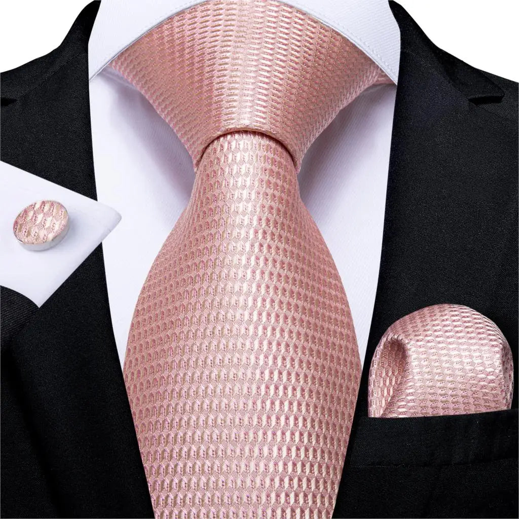 Dibangu Fashion Peach Pink Men Gifts Tie Clip Hanky Cufflinks Tie 150Cm Long Tie for Men Wedding Party Business Tie Set MJ-7195