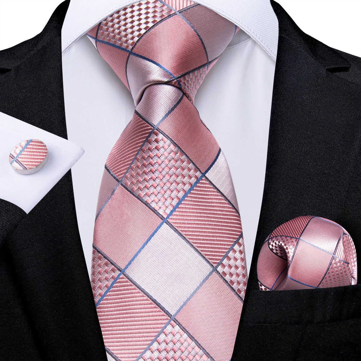 Dibangu Fashion Peach Pink Men Gifts Tie Clip Hanky Cufflinks Tie 150Cm Long Tie for Men Wedding Party Business Tie Set MJ-7195