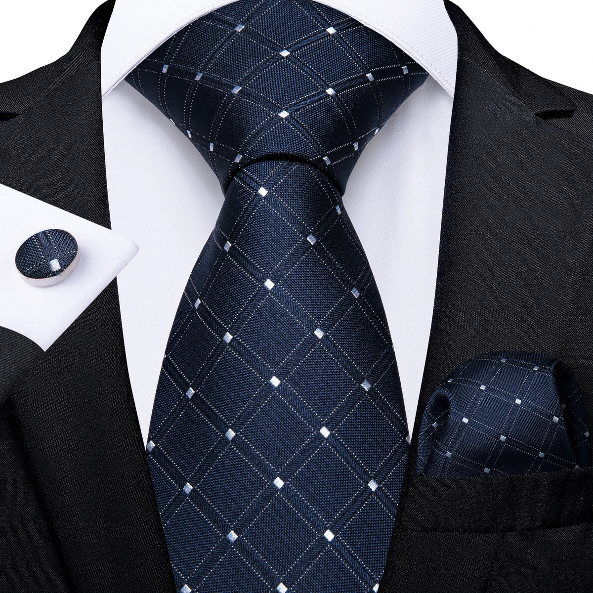 Top Navy Blue Solid Tie for Men 100% Silk Men'S Tie Hanky Cufflinks Neck Tie Suit Business Wedding Party Tie Set MJ-7140