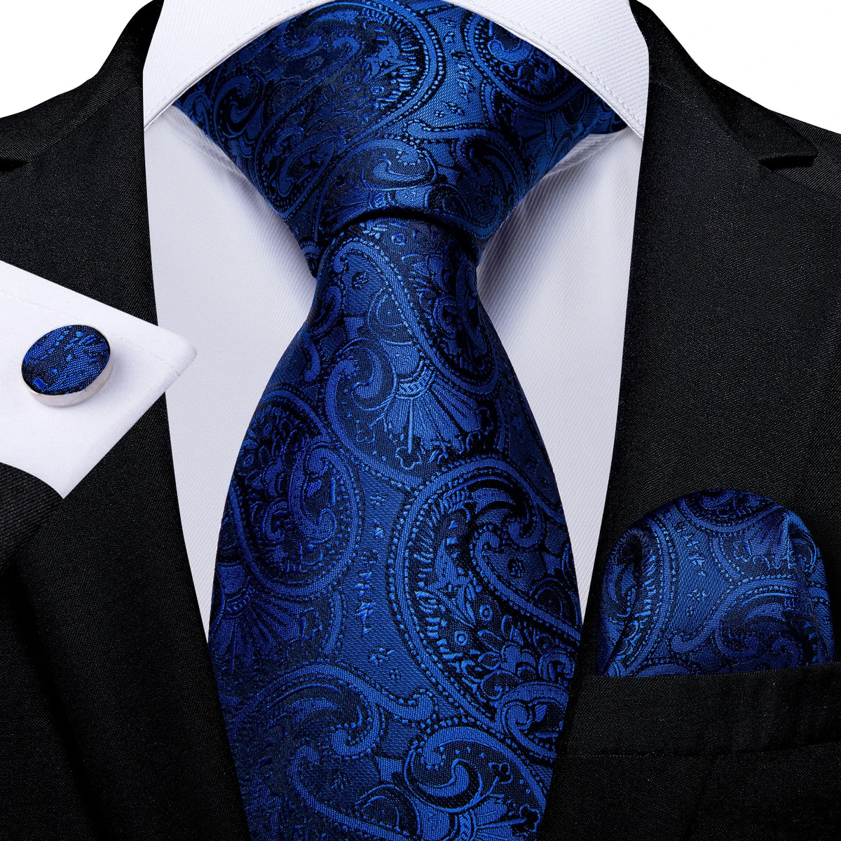 Top Navy Blue Solid Tie for Men 100% Silk Men'S Tie Hanky Cufflinks Neck Tie Suit Business Wedding Party Tie Set MJ-7140