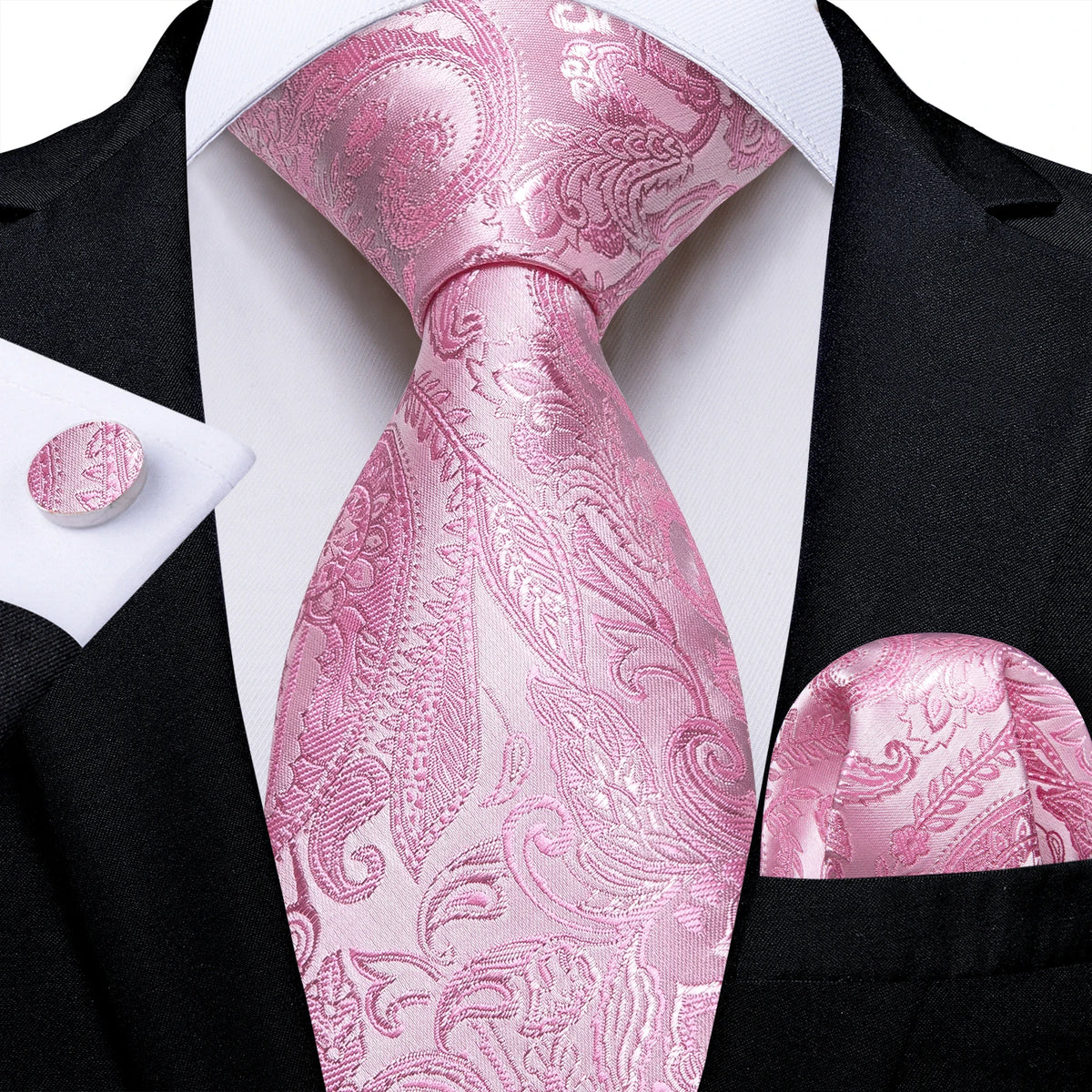 Dibangu Fashion Peach Pink Men Gifts Tie Clip Hanky Cufflinks Tie 150Cm Long Tie for Men Wedding Party Business Tie Set MJ-7195