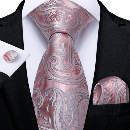 Dibangu Fashion Peach Pink Men Gifts Tie Clip Hanky Cufflinks Tie 150Cm Long Tie for Men Wedding Party Business Tie Set MJ-7195