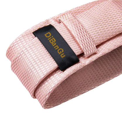 Dibangu Fashion Peach Pink Men Gifts Tie Clip Hanky Cufflinks Tie 150Cm Long Tie for Men Wedding Party Business Tie Set MJ-7195