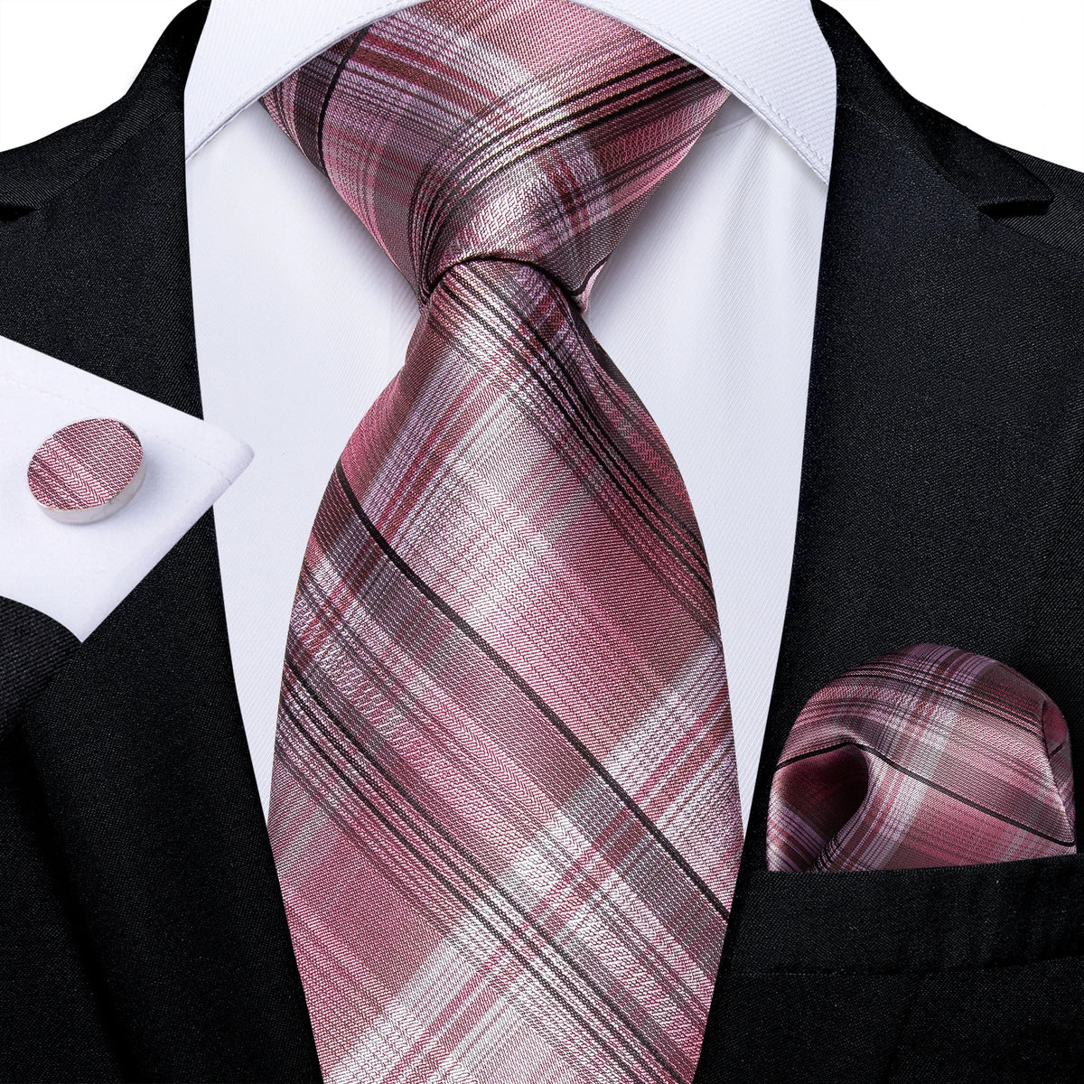 Dibangu Fashion Peach Pink Men Gifts Tie Clip Hanky Cufflinks Tie 150Cm Long Tie for Men Wedding Party Business Tie Set MJ-7195
