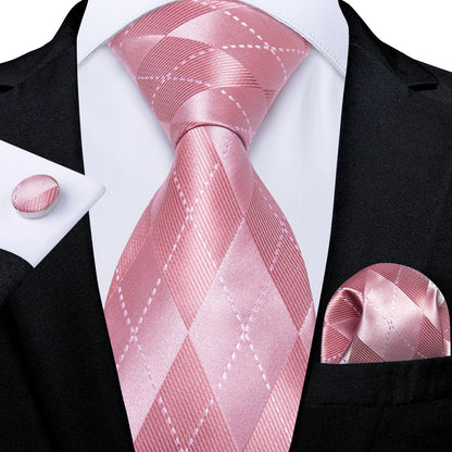 Dibangu Fashion Peach Pink Men Gifts Tie Clip Hanky Cufflinks Tie 150Cm Long Tie for Men Wedding Party Business Tie Set MJ-7195