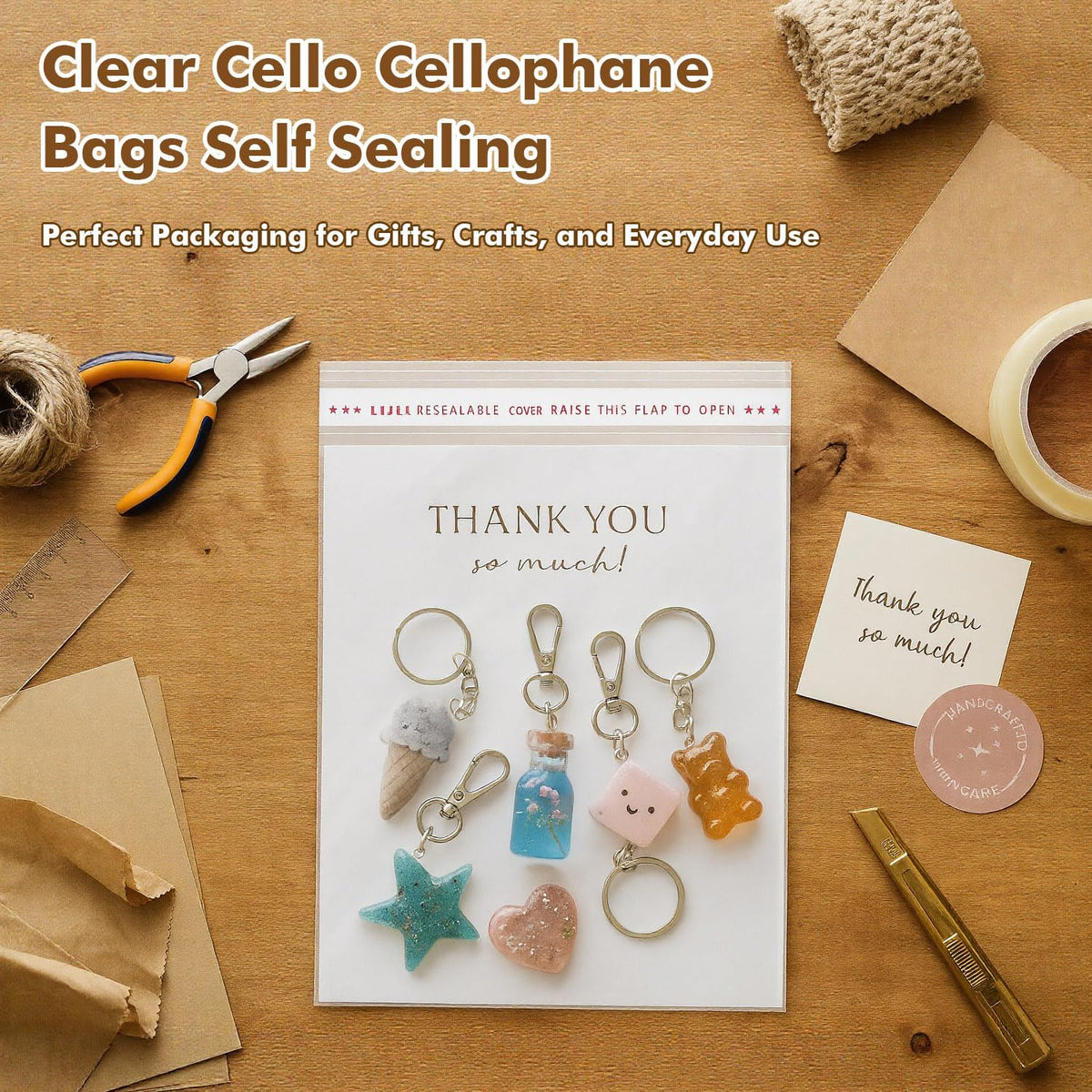 200 Ct 9” X 12” Clear Cello Cellophane Bags Self Sealing and Releasable Food Safe for Shirts, Gift, Cookies, Candies 1.6 Mil, Bulk