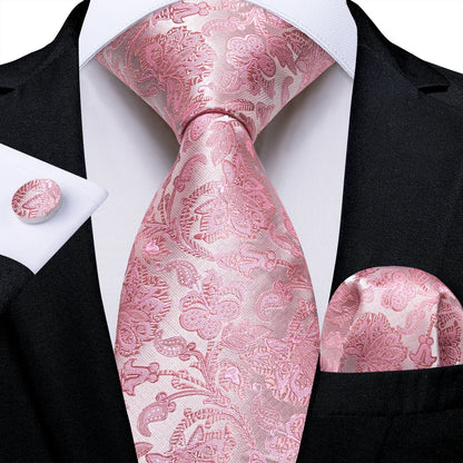 Dibangu Fashion Peach Pink Men Gifts Tie Clip Hanky Cufflinks Tie 150Cm Long Tie for Men Wedding Party Business Tie Set MJ-7195