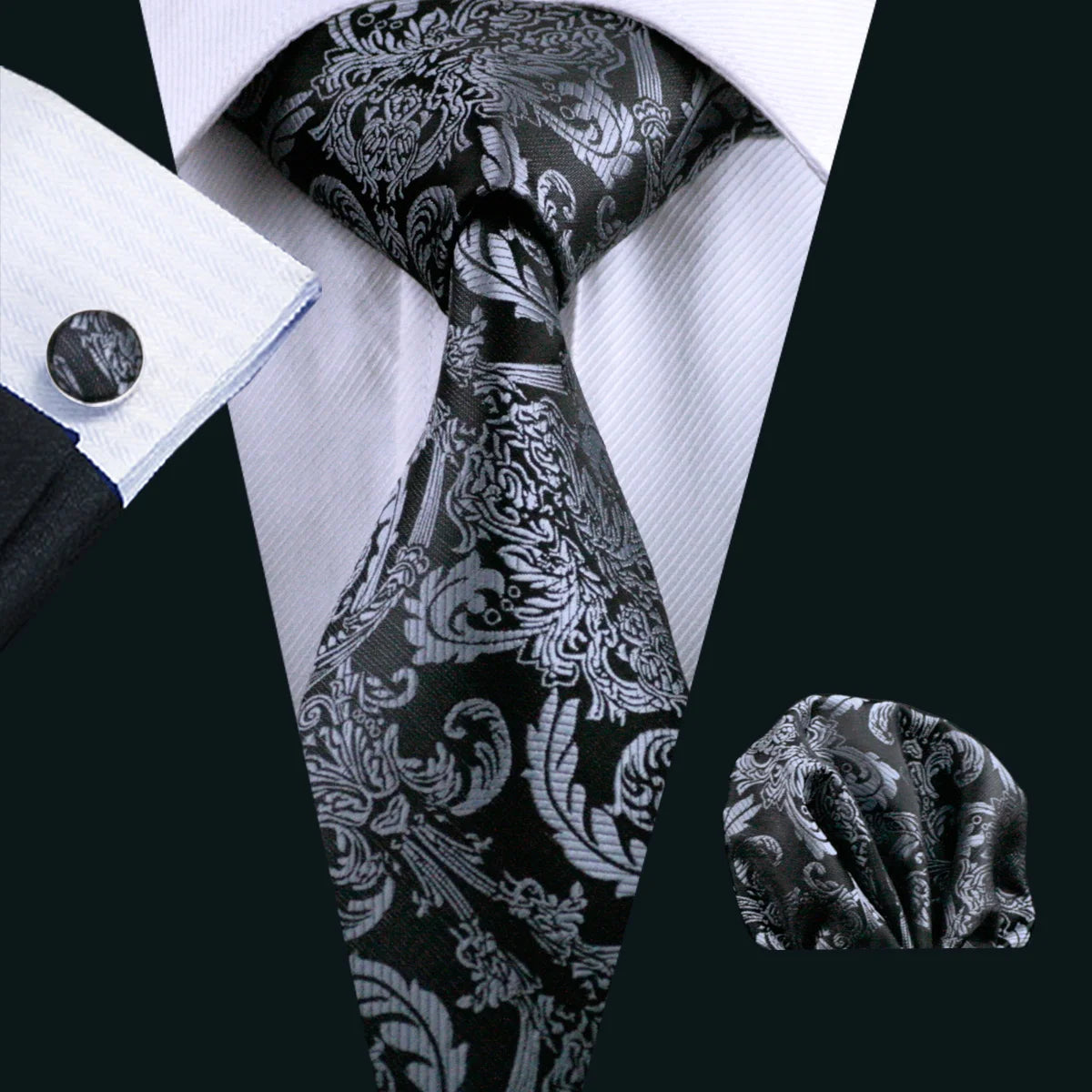 Black Geometric Tie Tie for Men Wedding Tie Party Necktie Handkerchief Cravat  Fashion Designer Tie Set LS-5225