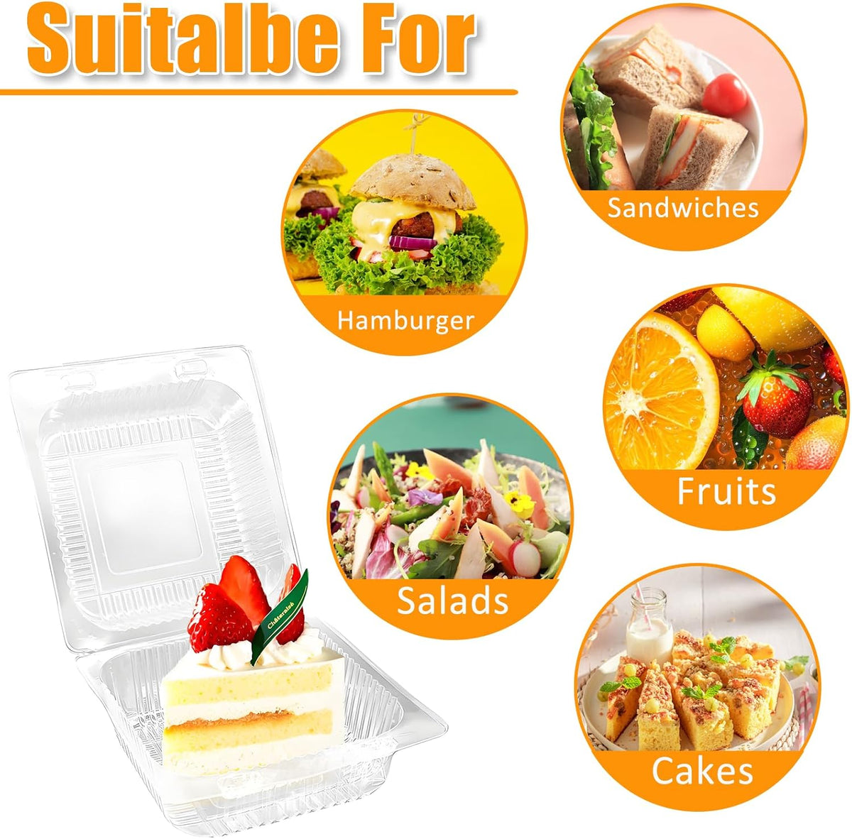 100 Pack Clear Plastic Square Hinged Food Clamshell Container,Disposable to Go Cake Slice Container,Clear Plastic Food Containers for Cookies,Desserts,Fruits,Salads,Sandwiches