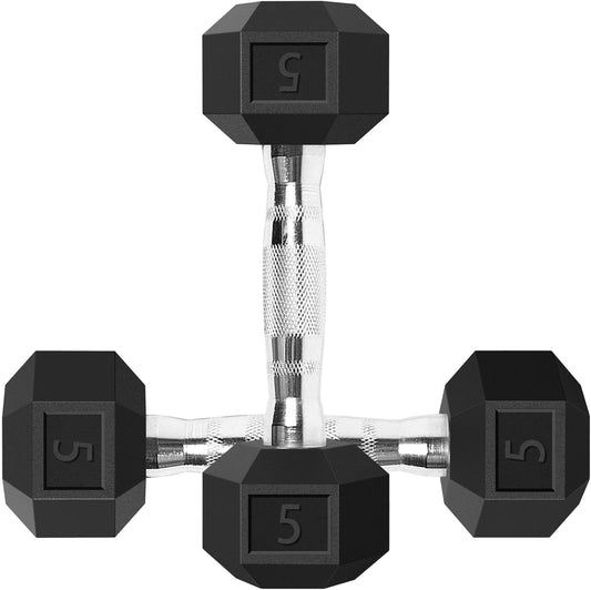 Hex Dumbbells Free Weights Set with Metal Handles Rubber Encased Solid Cast Iron Hex Dumbbell in Pair, 5 LBS