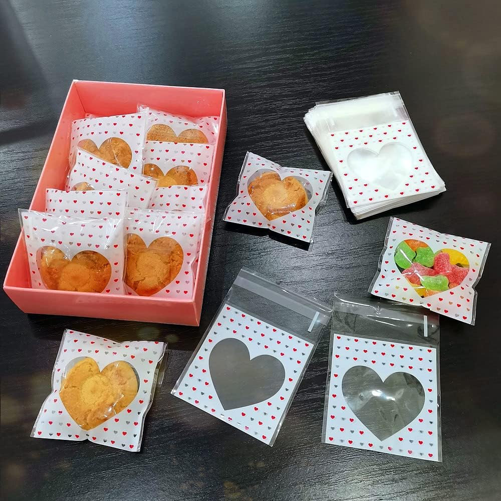 200 PCS Valentine Heart Mini Cookie Bags - Self Sealing Cellophane Bags for Candy & Bakery Supplies