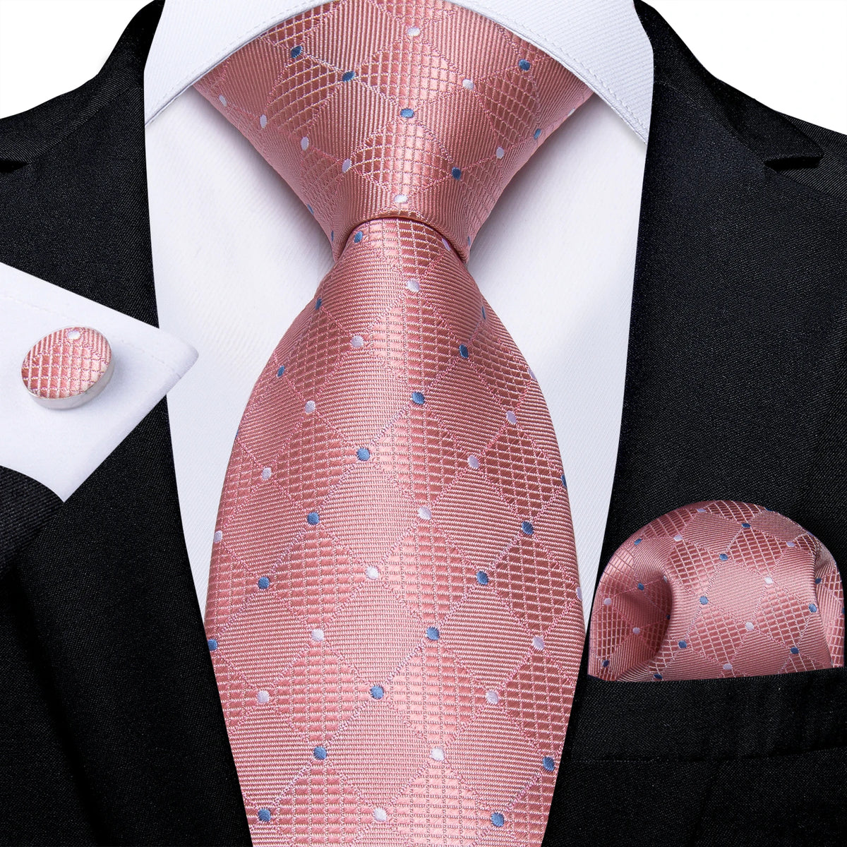 Dibangu Fashion Peach Pink Men Gifts Tie Clip Hanky Cufflinks Tie 150Cm Long Tie for Men Wedding Party Business Tie Set MJ-7195