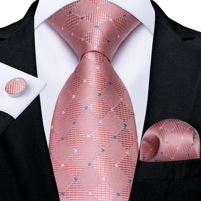 Dibangu Fashion Peach Pink Men Gifts Tie Clip Hanky Cufflinks Tie 150Cm Long Tie for Men Wedding Party Business Tie Set MJ-7195